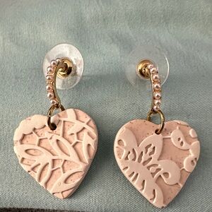 Elegant Heart-Shaped Handmade Clay Earrings with Gold Accents